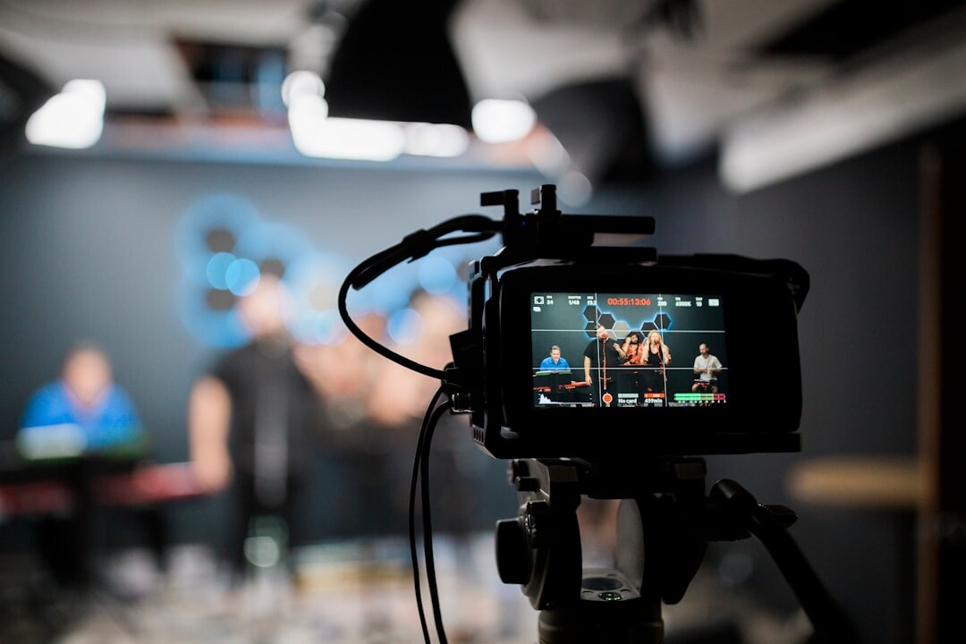 Professional video production studio with cameras and lighting equipment